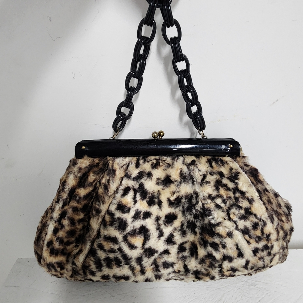 Vintage 1960s Faux Leopard Chain Link Handle Handbag - Picture 2 of 10